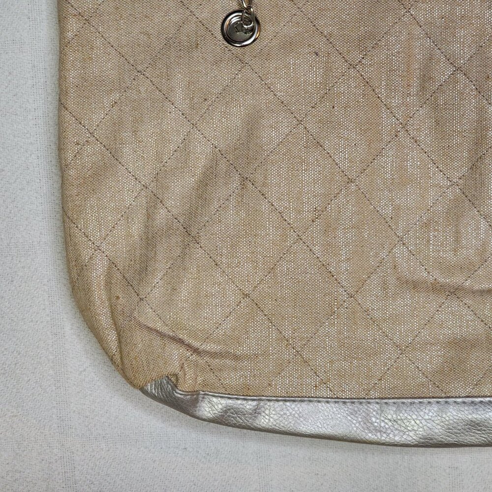 Ulta Beauty Linen Silver PVC Trimmed Poly Lined Quilted Snap Closure Tote Bag - Picture 10 of 16